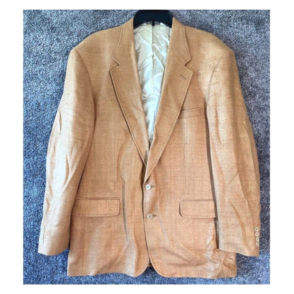 Vtg Lands End Silk Sports Coat Mens Blazer 46L Jacket Woven Twill Old Money